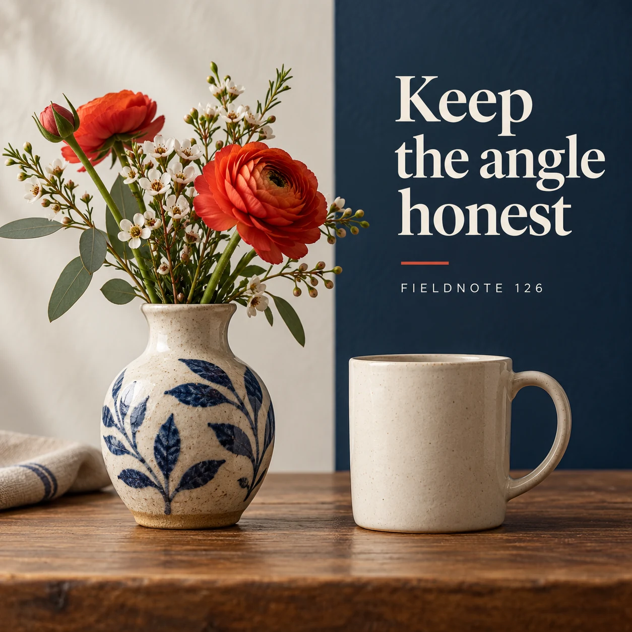 Illustrative campaign concept: vase photographed straight on beside a plain mug, with the headline “Keep the angle honest” and fictional FIELDNOTE branding.