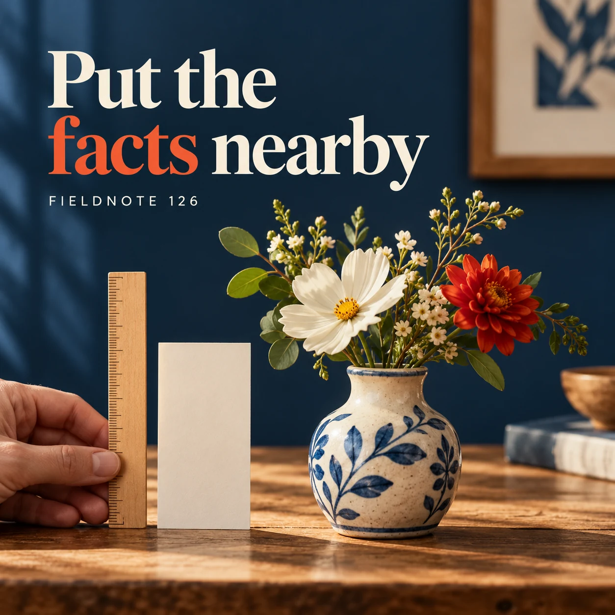 Illustrative campaign concept: vase beside an unnumbered measurement card and ruler, with the headline “Put the facts nearby” and fictional FIELDNOTE branding.
