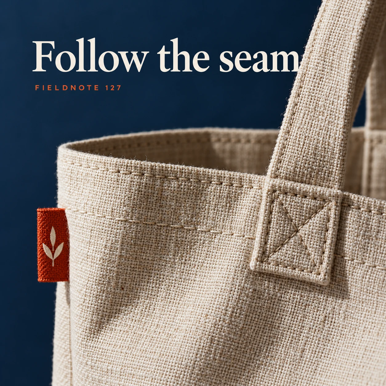 Illustrative campaign concept: close crop of tote handle attachment and stitching, with the headline “Follow the seam” and fictional FIELDNOTE branding.