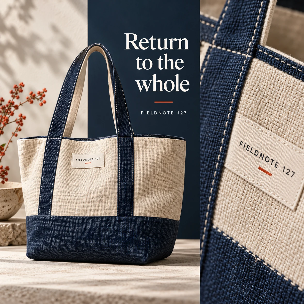 Illustrative campaign concept: full tote beside one tightly framed fabric detail, with the headline “Return to the whole” and fictional FIELDNOTE branding.