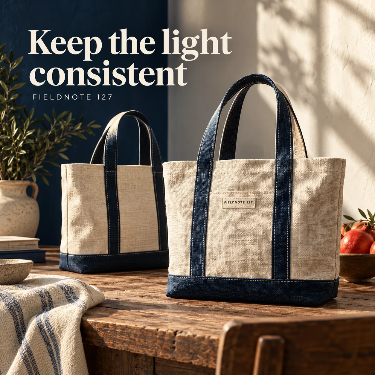 Illustrative campaign concept: two matching tote views on one physical photo selection table, with the headline “Keep the light consistent” and fictional FIELDNOTE branding.