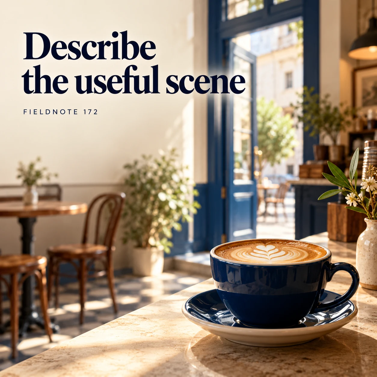 Illustrative campaign concept: cup on a café counter beneath a short original headline, with the headline “Describe the useful scene” and fictional FIELDNOTE branding.
