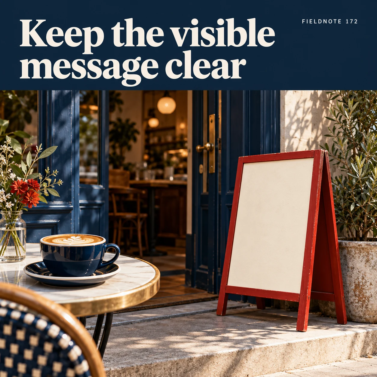 Illustrative campaign concept: café entrance with a separate plain information card, with the headline “Keep the visible message clear” and fictional FIELDNOTE branding.