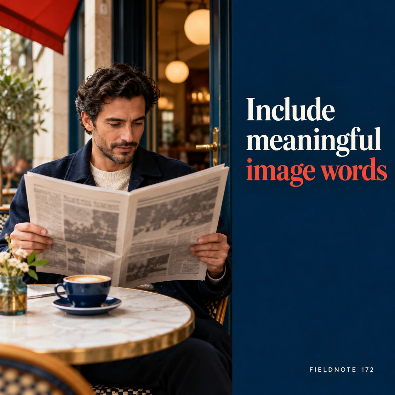 Illustrative campaign concept: adult reviewer reading an original headline print, with the headline “Include meaningful image words” and fictional FIELDNOTE branding.