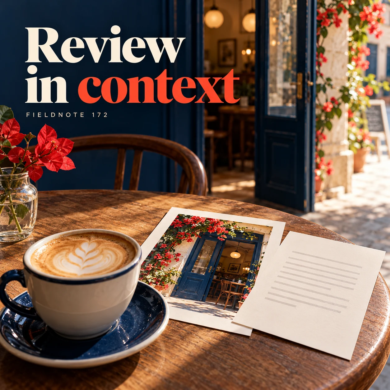 Illustrative campaign concept: image print and plain description sheet arranged together, with the headline “Review in context” and fictional FIELDNOTE branding.