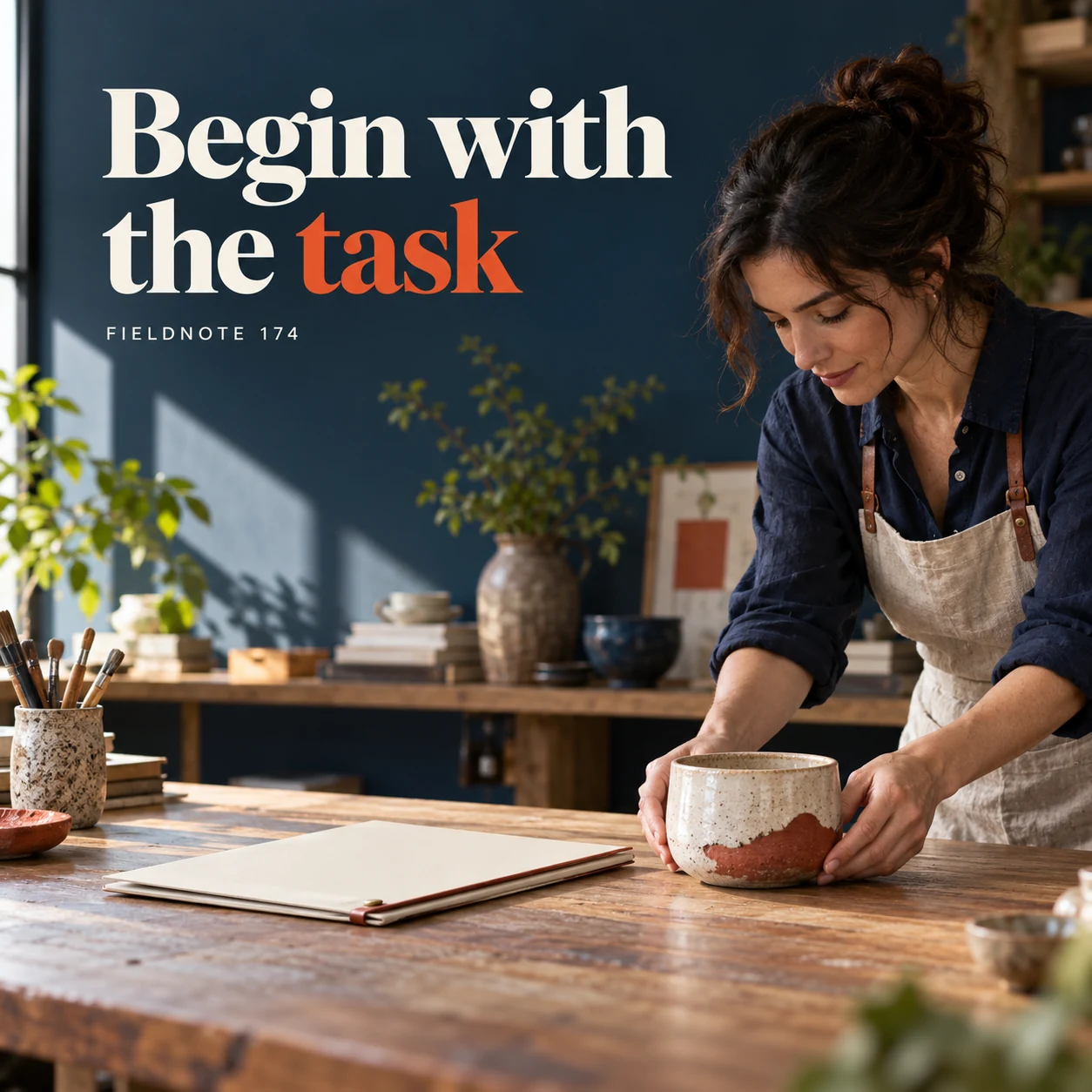 Illustrative campaign concept: adult maker placing a ceramic product beside a blank brief folder, with the headline “Begin with the task” and fictional FIELDNOTE branding.