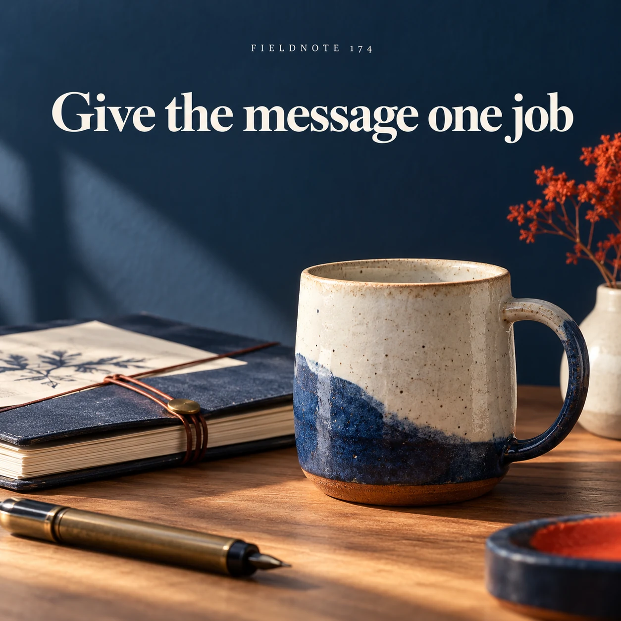 Illustrative campaign concept: single product below a restrained headline panel, with the headline “Give the message one job” and fictional FIELDNOTE branding.