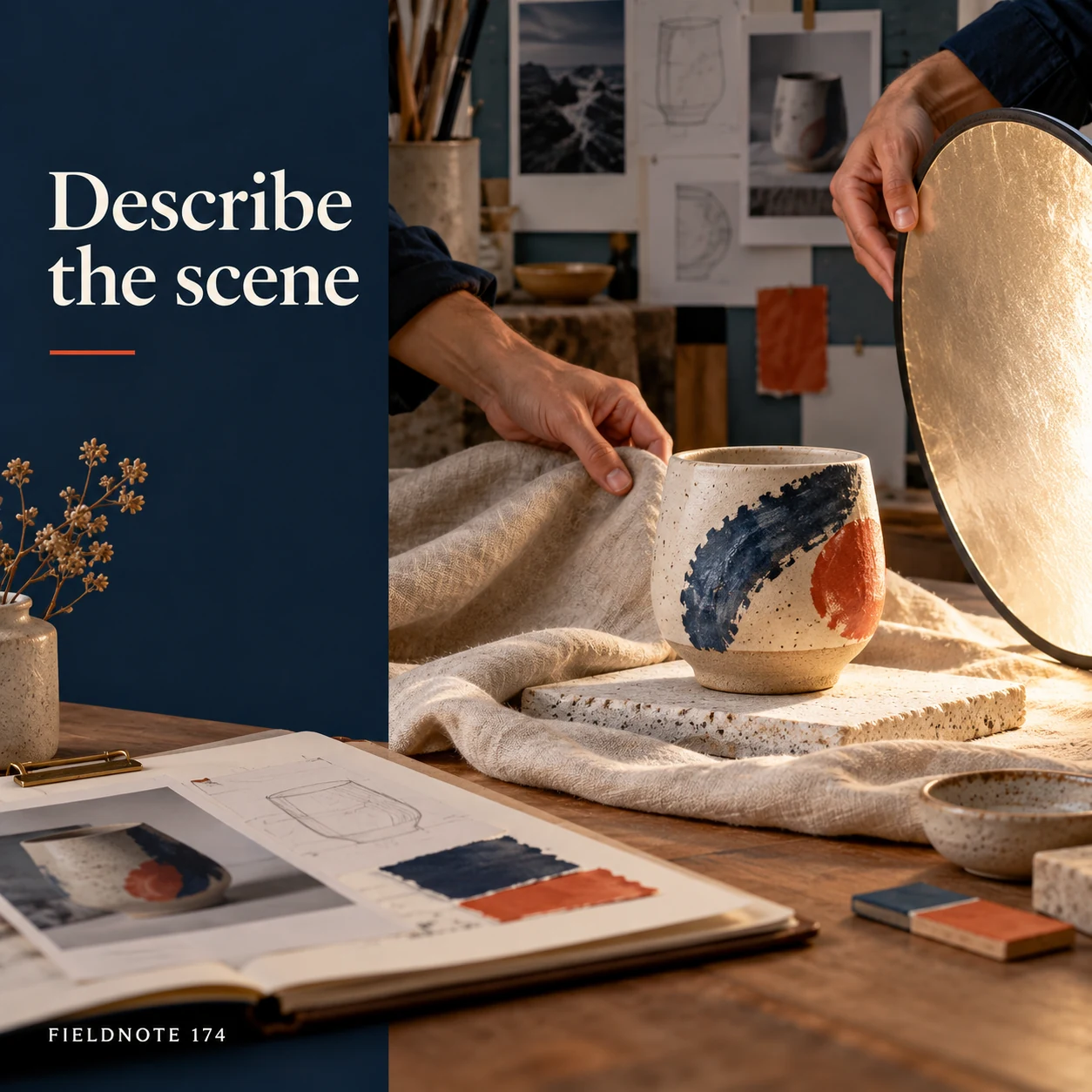 Illustrative campaign concept: adult hands arranging product, linen and light reflector, with the headline “Describe the scene” and fictional FIELDNOTE branding.