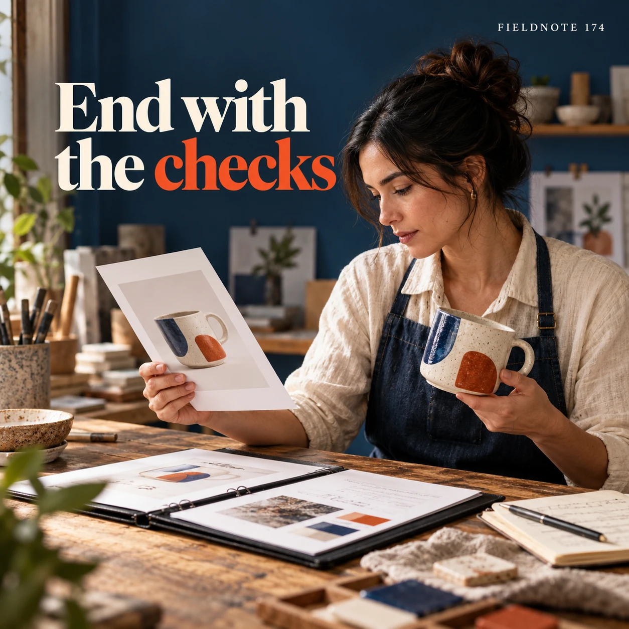 Illustrative campaign concept: adult reviewer comparing an original print with plain review notes, with the headline “End with the checks” and fictional FIELDNOTE branding.