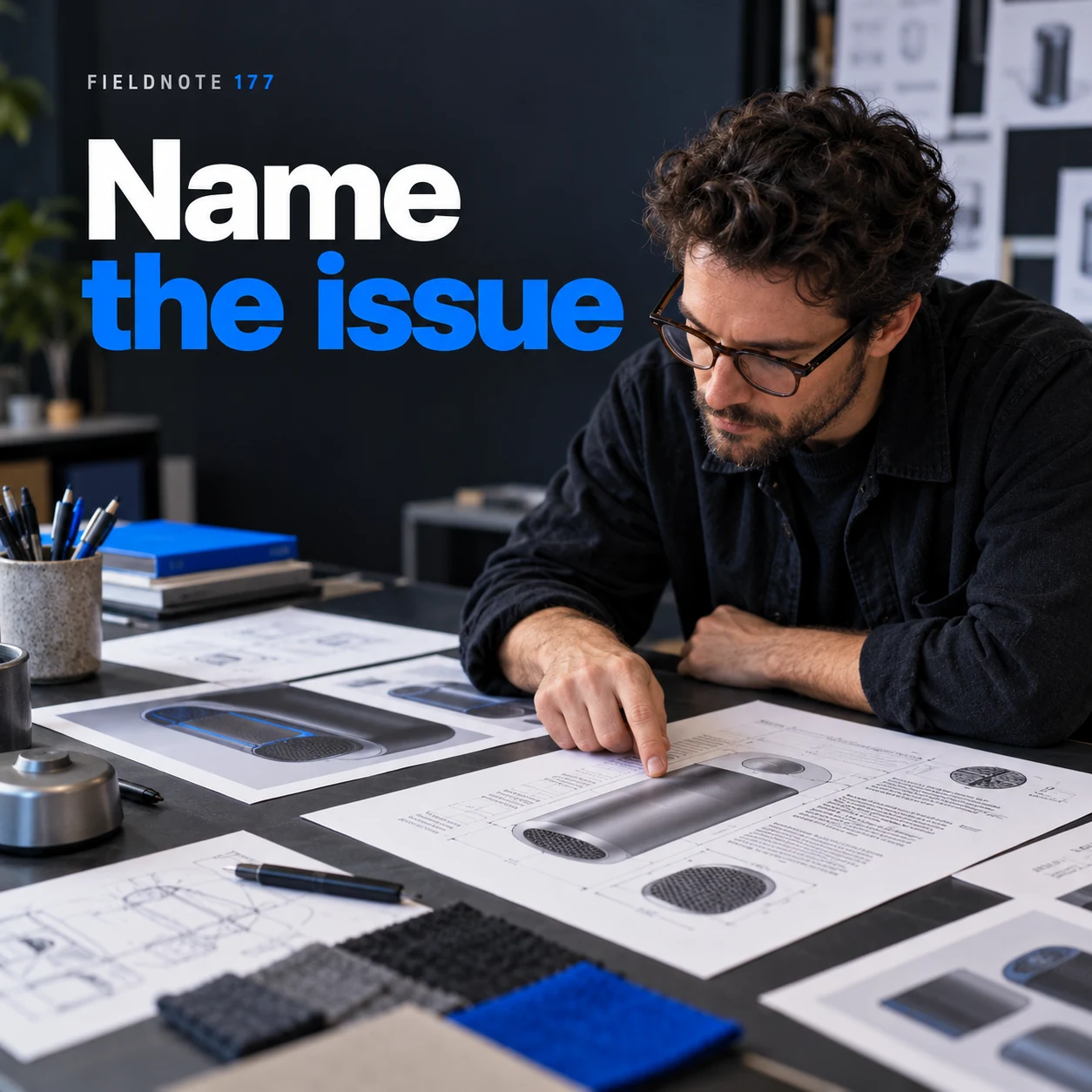 Illustrative campaign concept: adult reviewer pointing to crowded type on an original print, with the headline “Name the issue” and fictional FIELDNOTE branding.