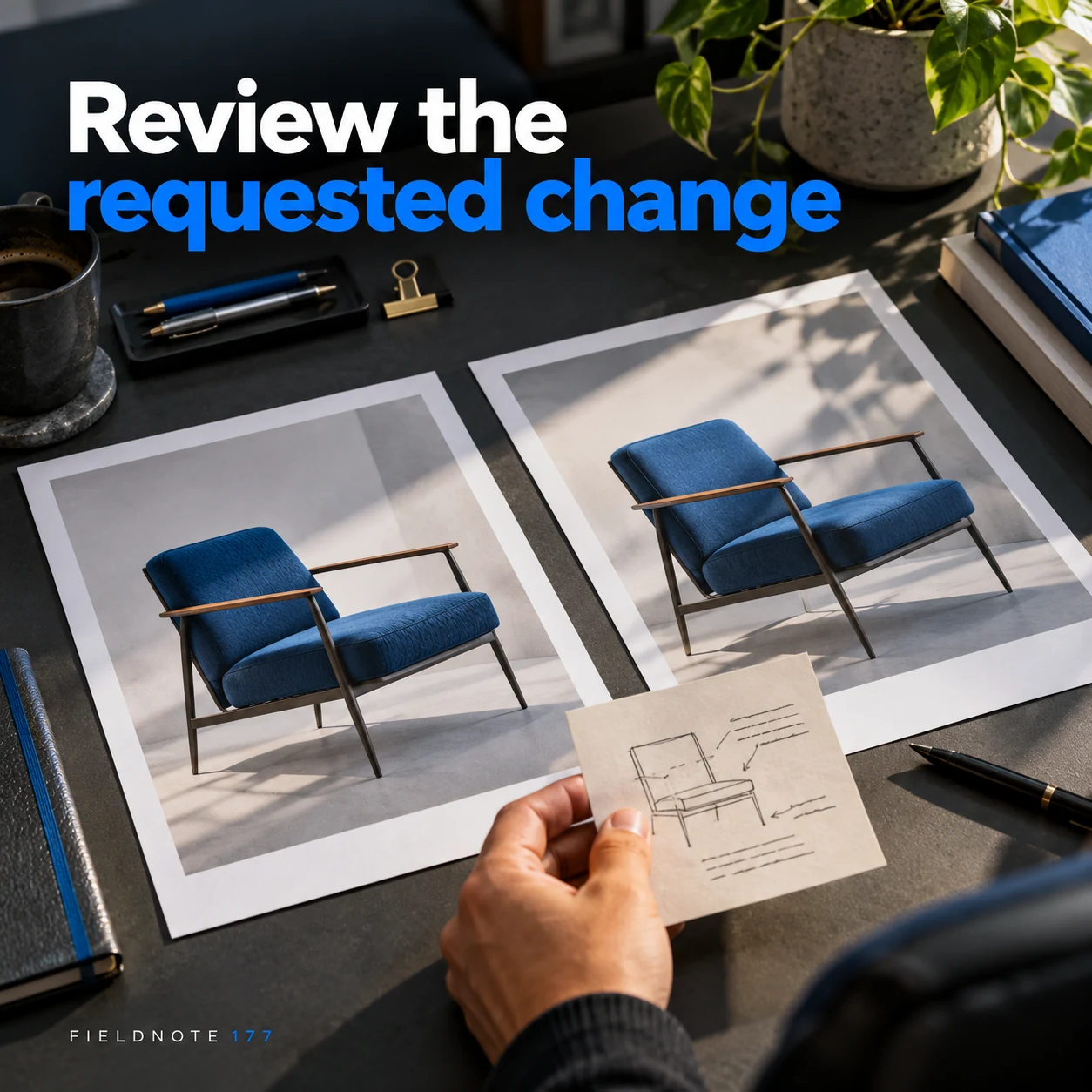 Illustrative campaign concept: two original layout prints side by side with a plain review note, with the headline “Review the requested change” and fictional FIELDNOTE branding.