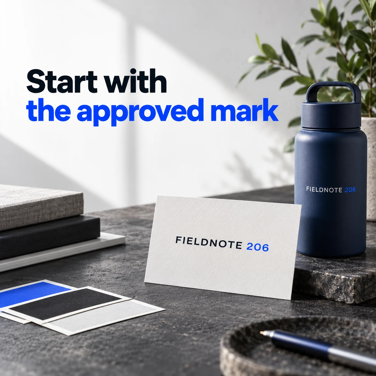 Illustrative campaign concept: original FIELDNOTE wordmark card beside a product sample, with the headline “Start with the approved mark” and fictional FIELDNOTE branding.