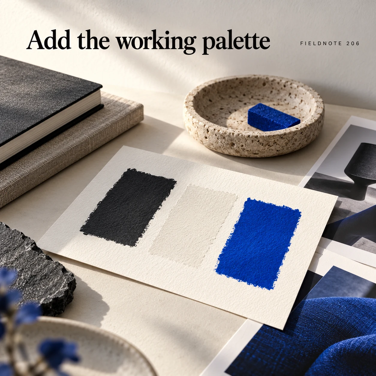 Illustrative campaign concept: three restrained color swatches on ivory paper, with the headline “Add the working palette” and fictional FIELDNOTE branding.