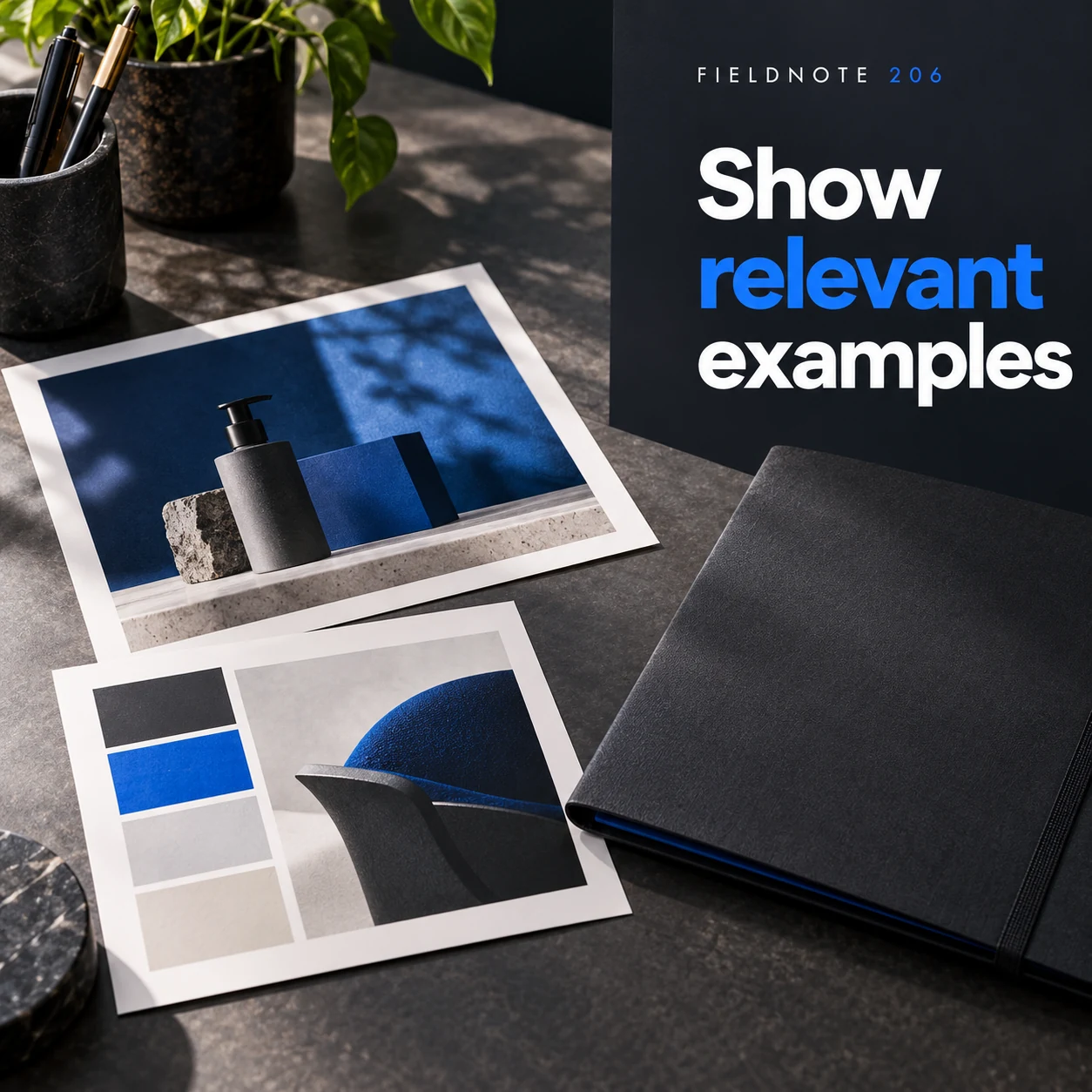 Illustrative campaign concept: two original relevant image prints beside one closed folder, with the headline “Show relevant examples” and fictional FIELDNOTE branding.
