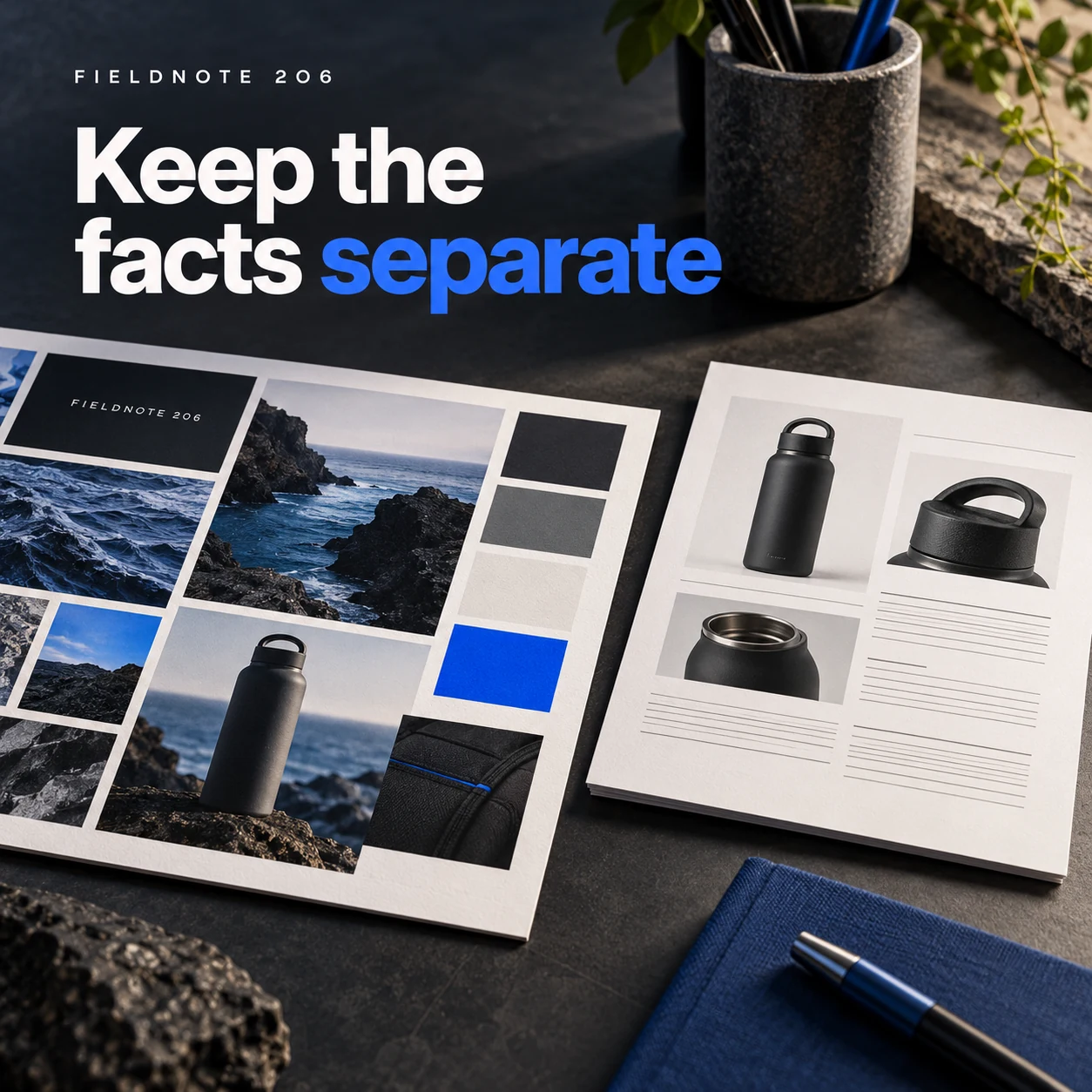 Illustrative campaign concept: palette sheet set apart from a plain factual brief card, with the headline “Keep the facts separate” and fictional FIELDNOTE branding.