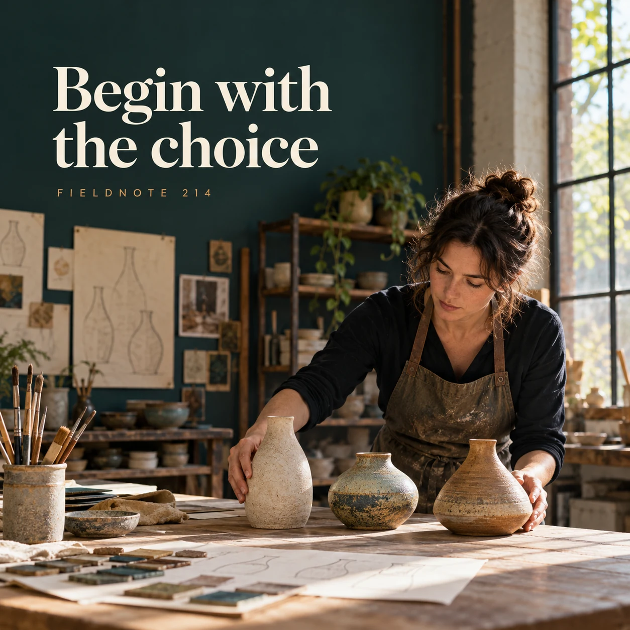 Illustrative campaign concept: adult maker arranging three original vessel shape studies, with the headline “Begin with the choice” and fictional FIELDNOTE branding.