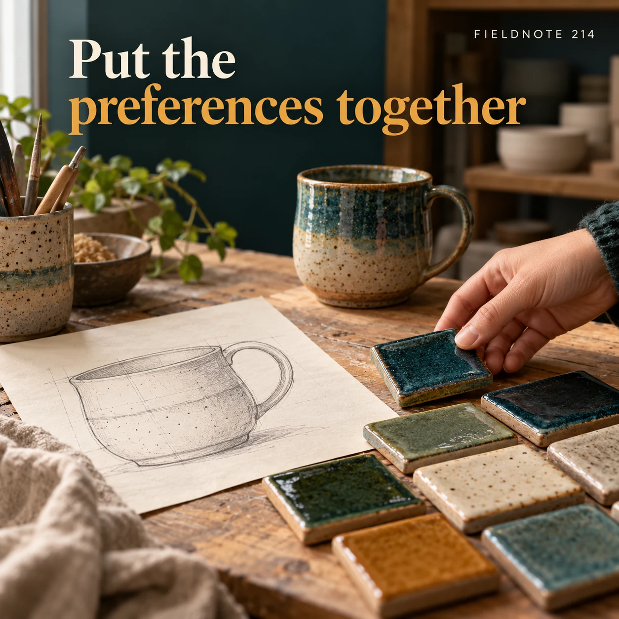 Illustrative campaign concept: glaze samples beside one selected original shape sketch, with the headline “Put the preferences together” and fictional FIELDNOTE branding.