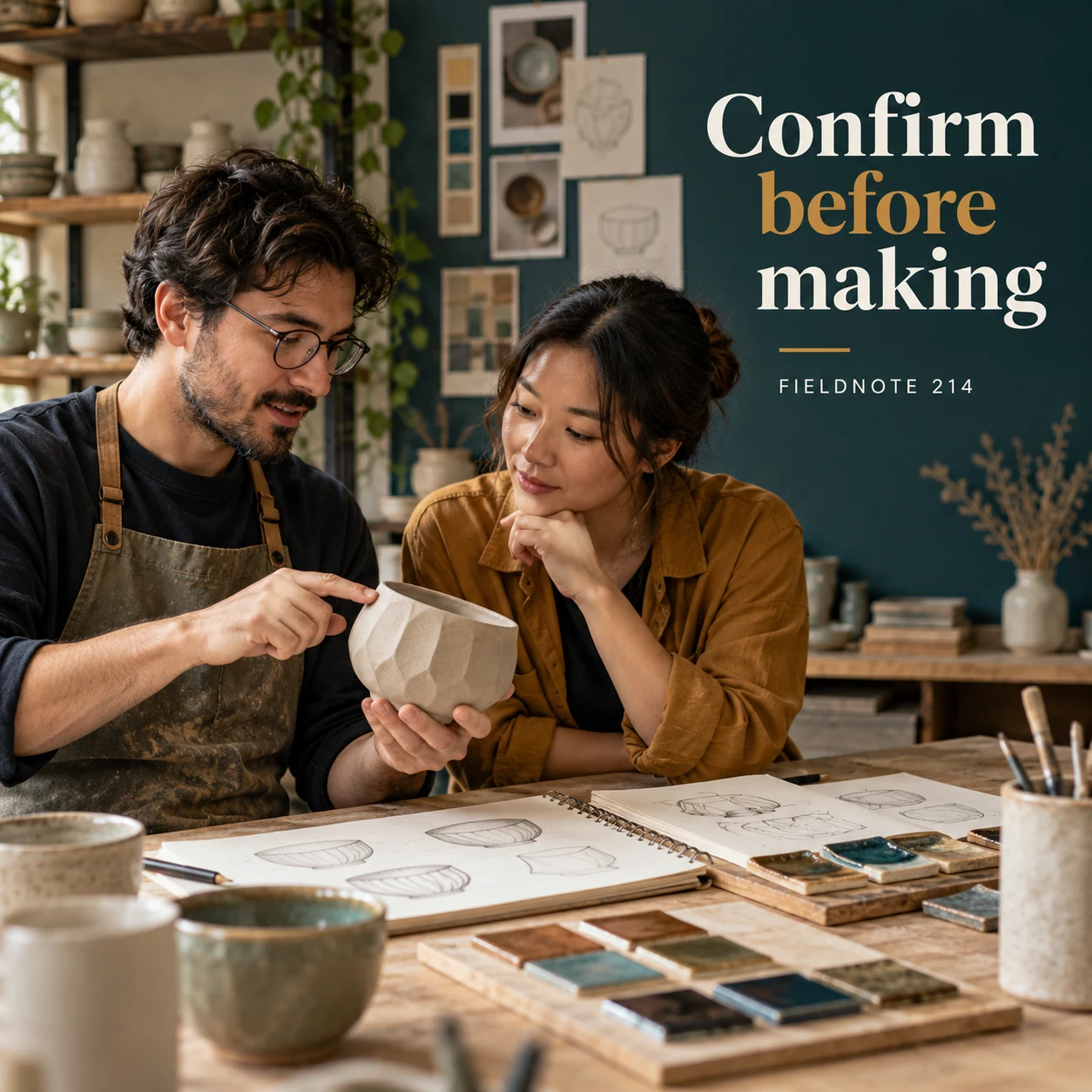 Illustrative campaign concept: two adults reviewing an original clay prototype, with the headline “Confirm before making” and fictional FIELDNOTE branding.