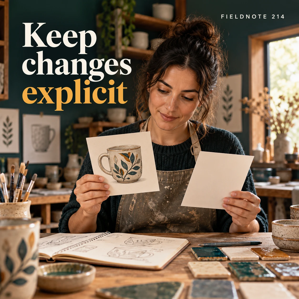 Illustrative campaign concept: original design print beside a separate plain revision card, with the headline “Keep changes explicit” and fictional FIELDNOTE branding.