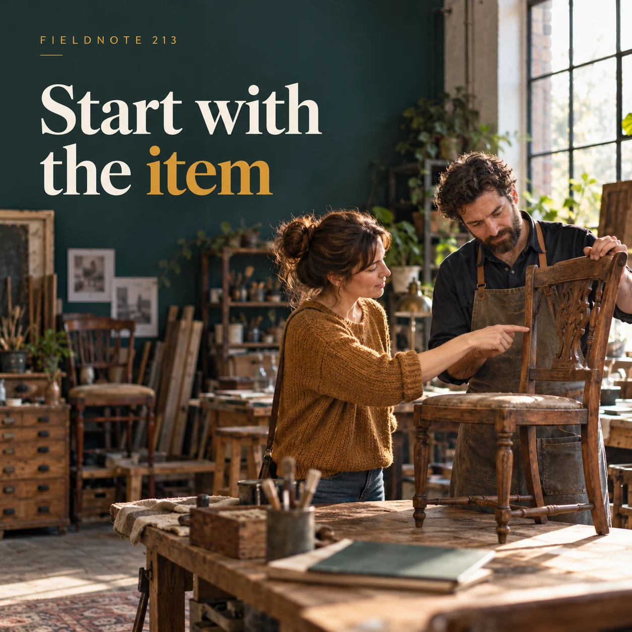 Illustrative campaign concept: adult owner showing a fictional chair to a restorer, with the headline “Start with the item” and fictional FIELDNOTE branding.