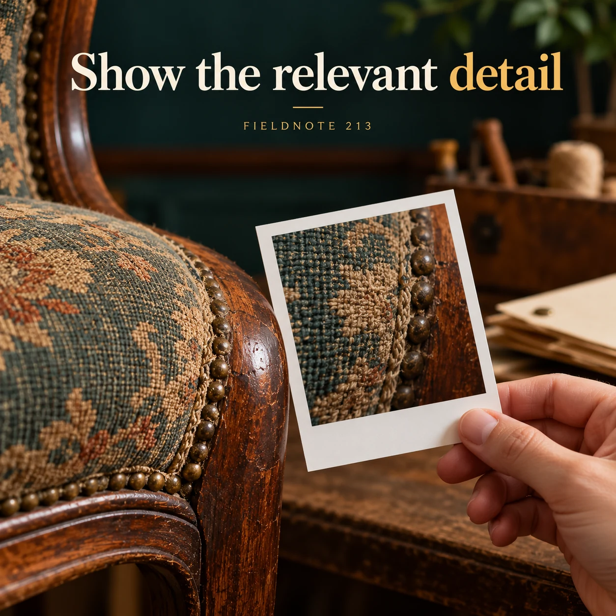 Illustrative campaign concept: close view of an original chair seam beside a plain photo card, with the headline “Show the relevant detail” and fictional FIELDNOTE branding.