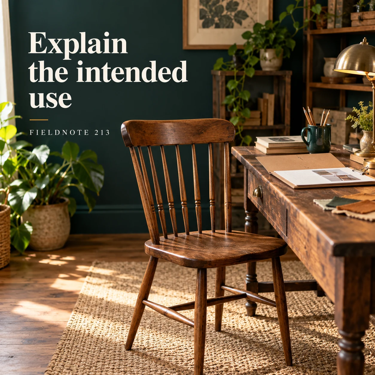 Illustrative campaign concept: chair beside a home desk in a fictional room, with the headline “Explain the intended use” and fictional FIELDNOTE branding.
