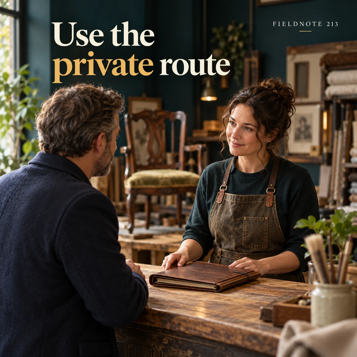 Illustrative campaign concept: adult customer discussing a closed enquiry folder at a counter, with the headline “Use the private route” and fictional FIELDNOTE branding.
