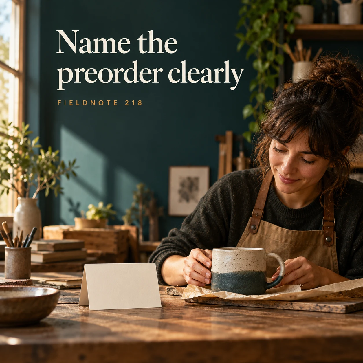Illustrative campaign concept: original product prototype beside a plain preorder information card, with the headline “Name the preorder clearly” and fictional FIELDNOTE branding.