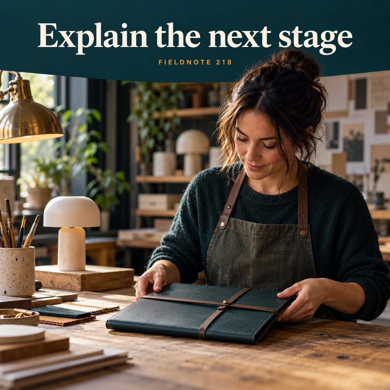 Illustrative campaign concept: adult maker preparing a closed production folio, with the headline “Explain the next stage” and fictional FIELDNOTE branding.
