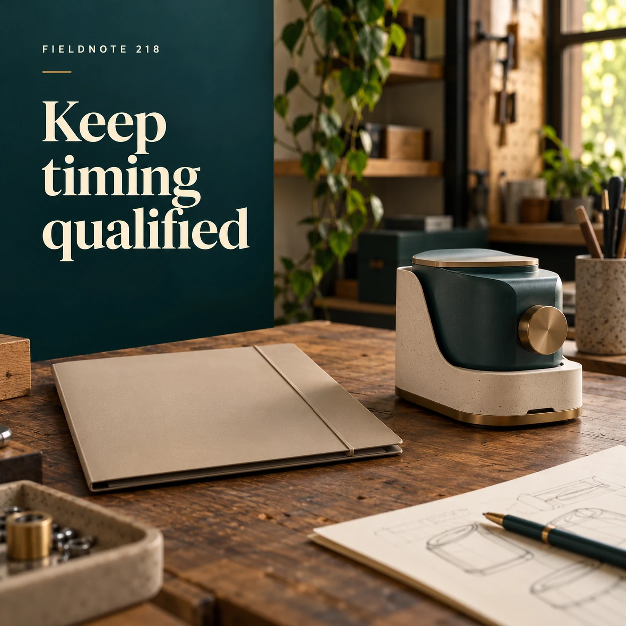 Illustrative campaign concept: plain schedule folder beside the product prototype, with the headline “Keep timing qualified” and fictional FIELDNOTE branding.