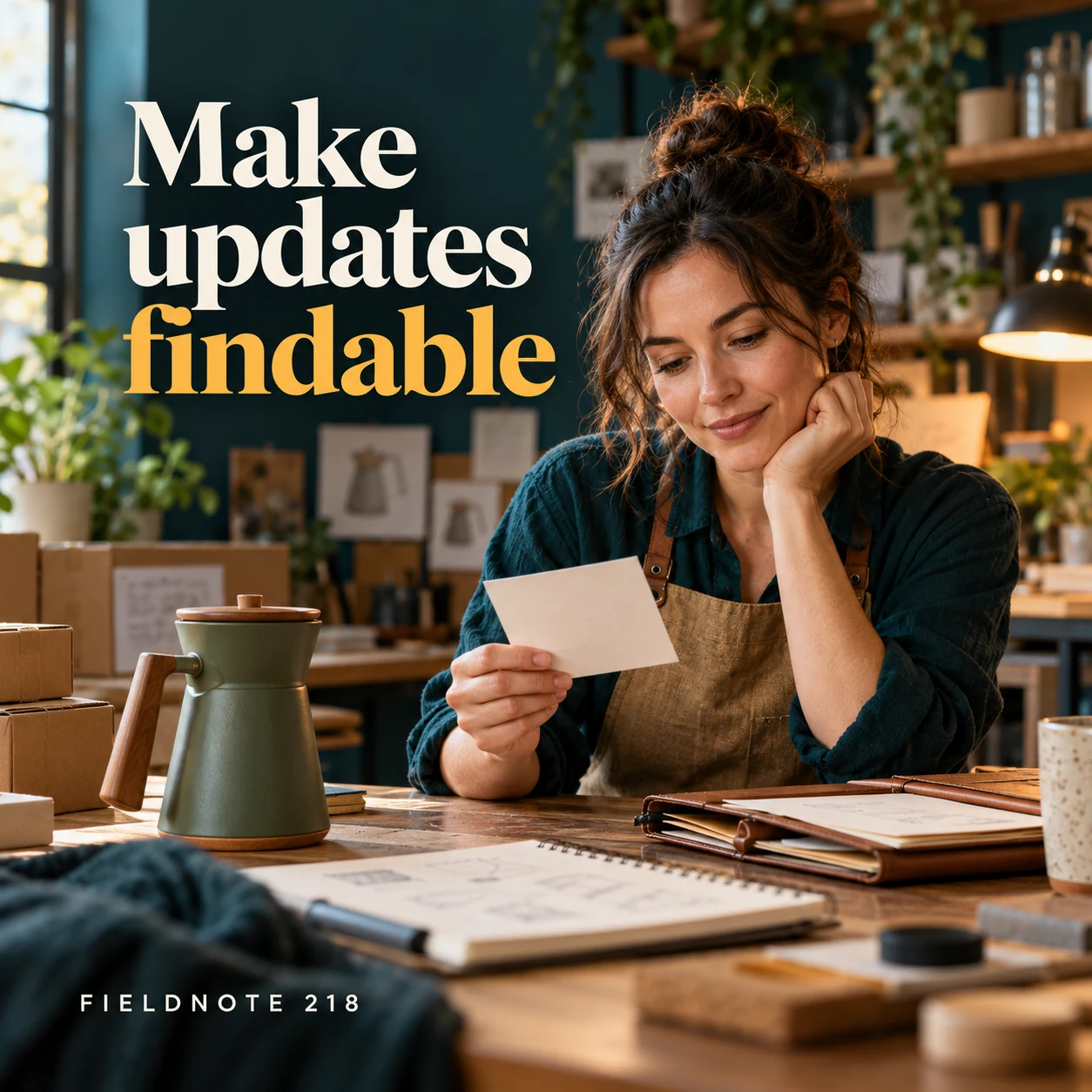 Illustrative campaign concept: adult owner reviewing a plain customer-update card, with the headline “Make updates findable” and fictional FIELDNOTE branding.