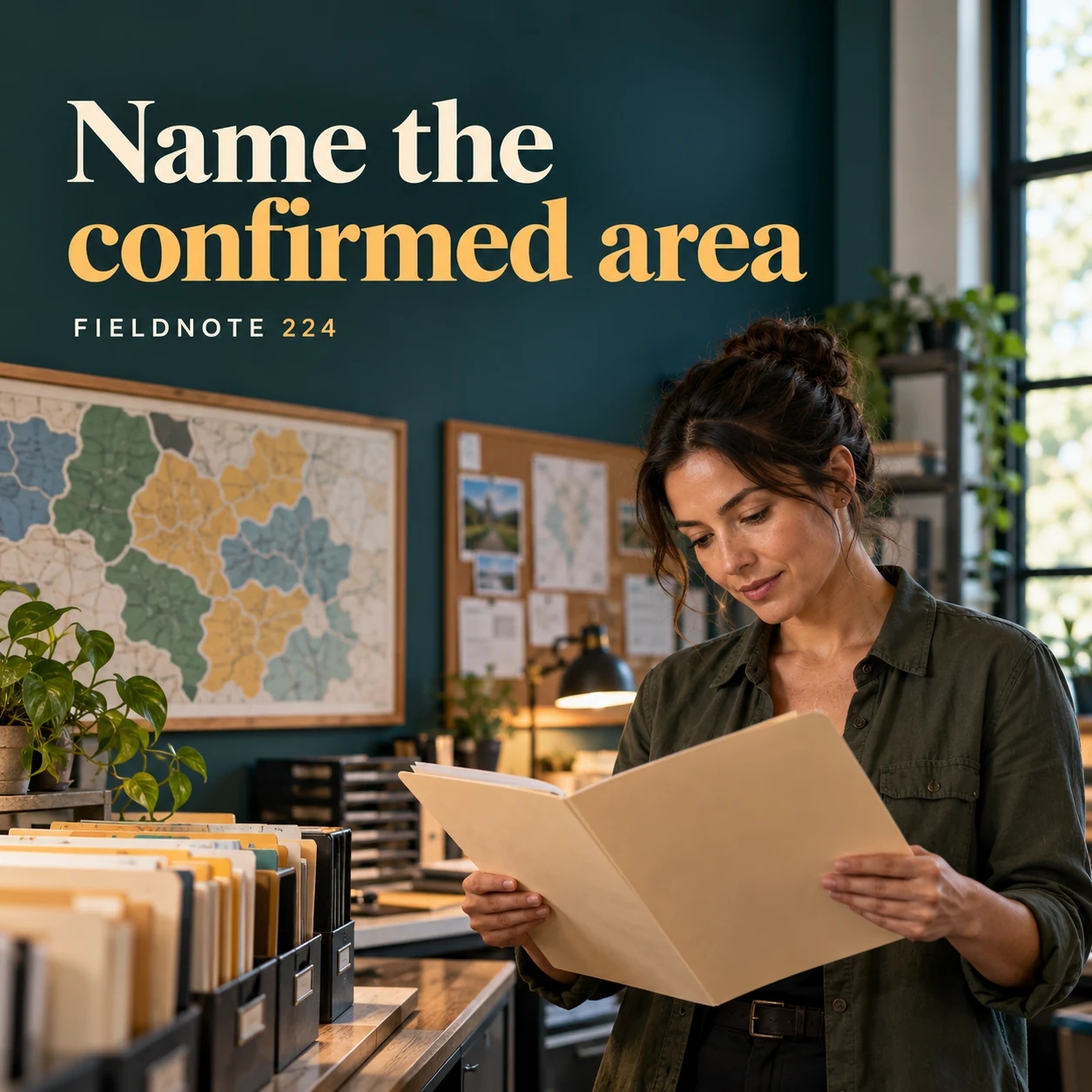 Illustrative campaign concept: adult coordinator reviewing a plain service-area folder, with the headline “Name the confirmed area” and fictional FIELDNOTE branding.