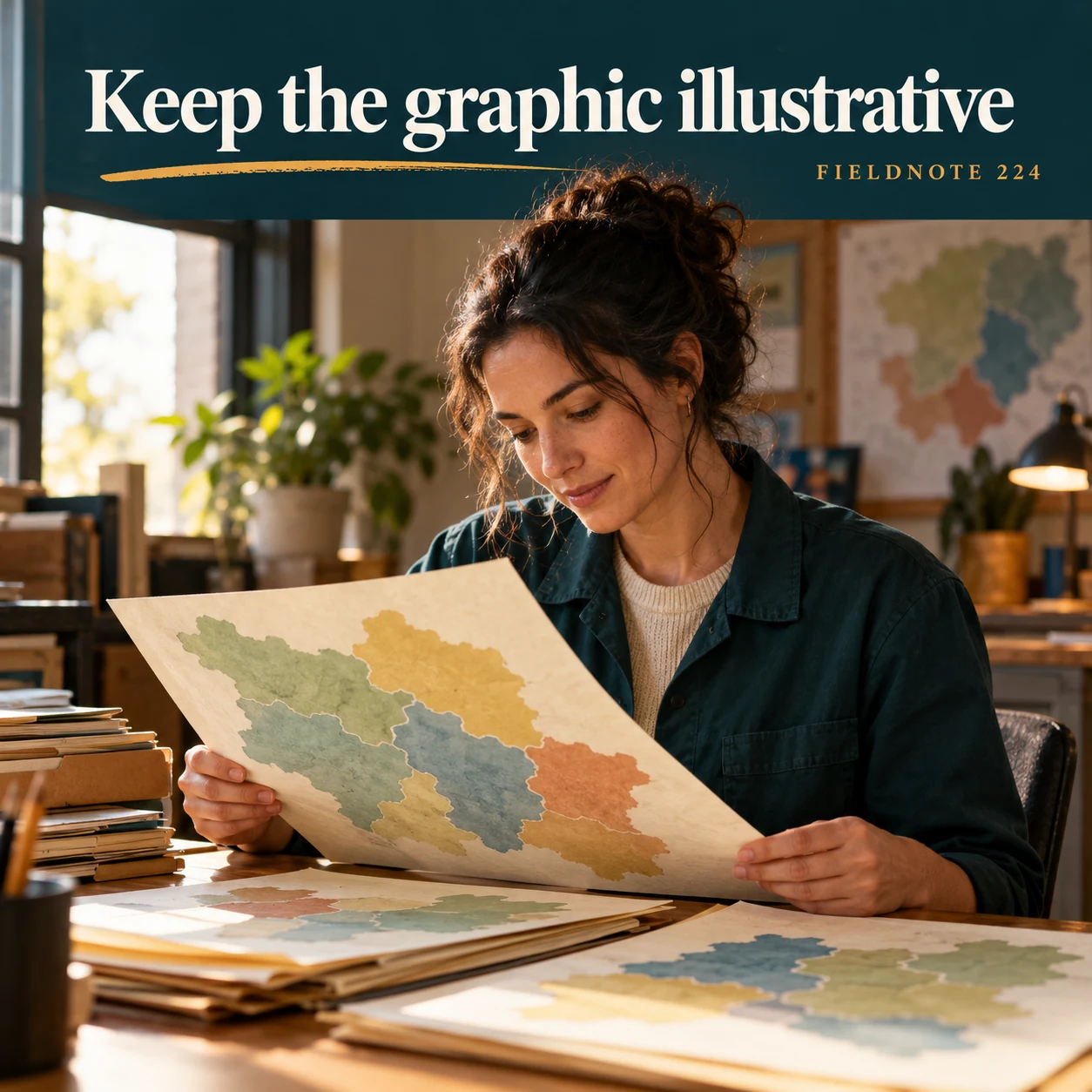 Illustrative campaign concept: original paper map-like shapes with no place names, with the headline “Keep the graphic illustrative” and fictional FIELDNOTE branding.