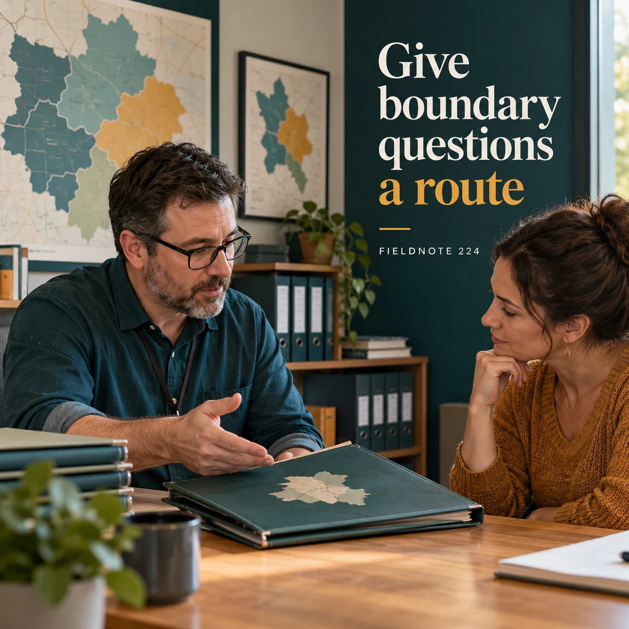 Illustrative campaign concept: adult customer discussing a closed location folder at a desk, with the headline “Give boundary questions a route” and fictional FIELDNOTE branding.