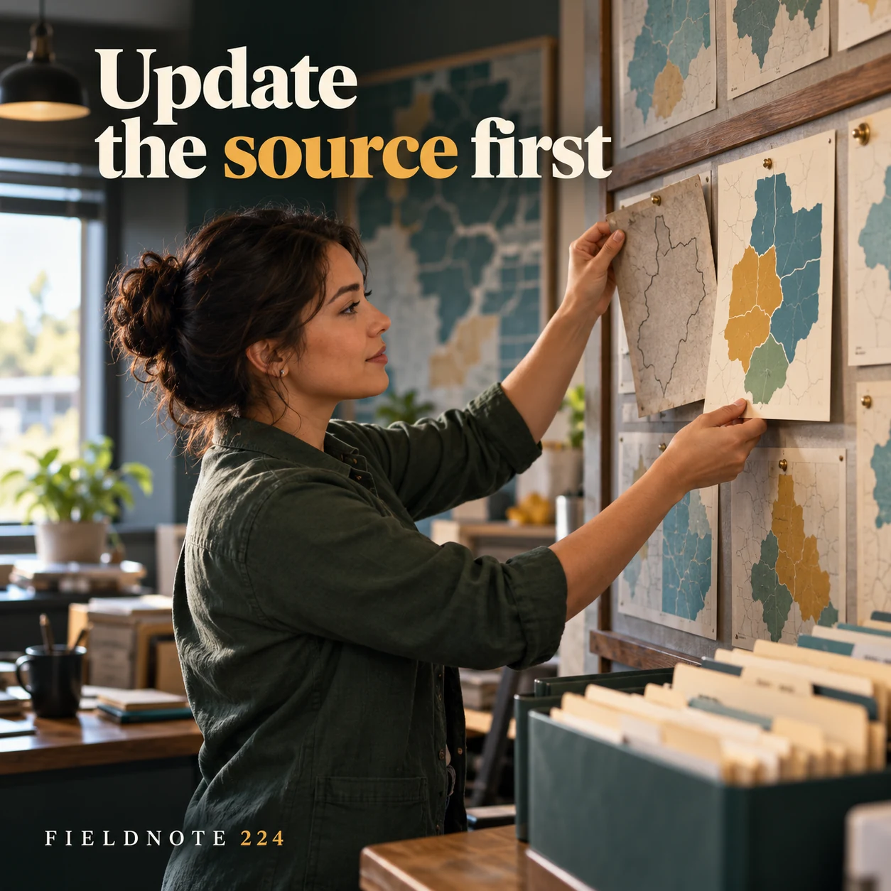 Illustrative campaign concept: coordinator replacing an old plain service-area card, with the headline “Update the source first” and fictional FIELDNOTE branding.