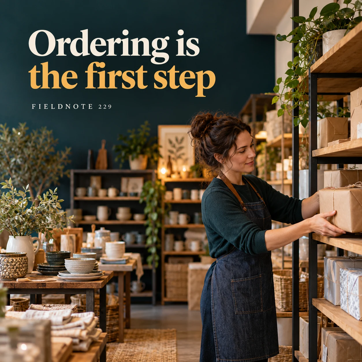 Illustrative campaign concept: adult shopkeeper placing a wrapped parcel on a collection shelf, with the headline “Ordering is the first step” and fictional FIELDNOTE branding.