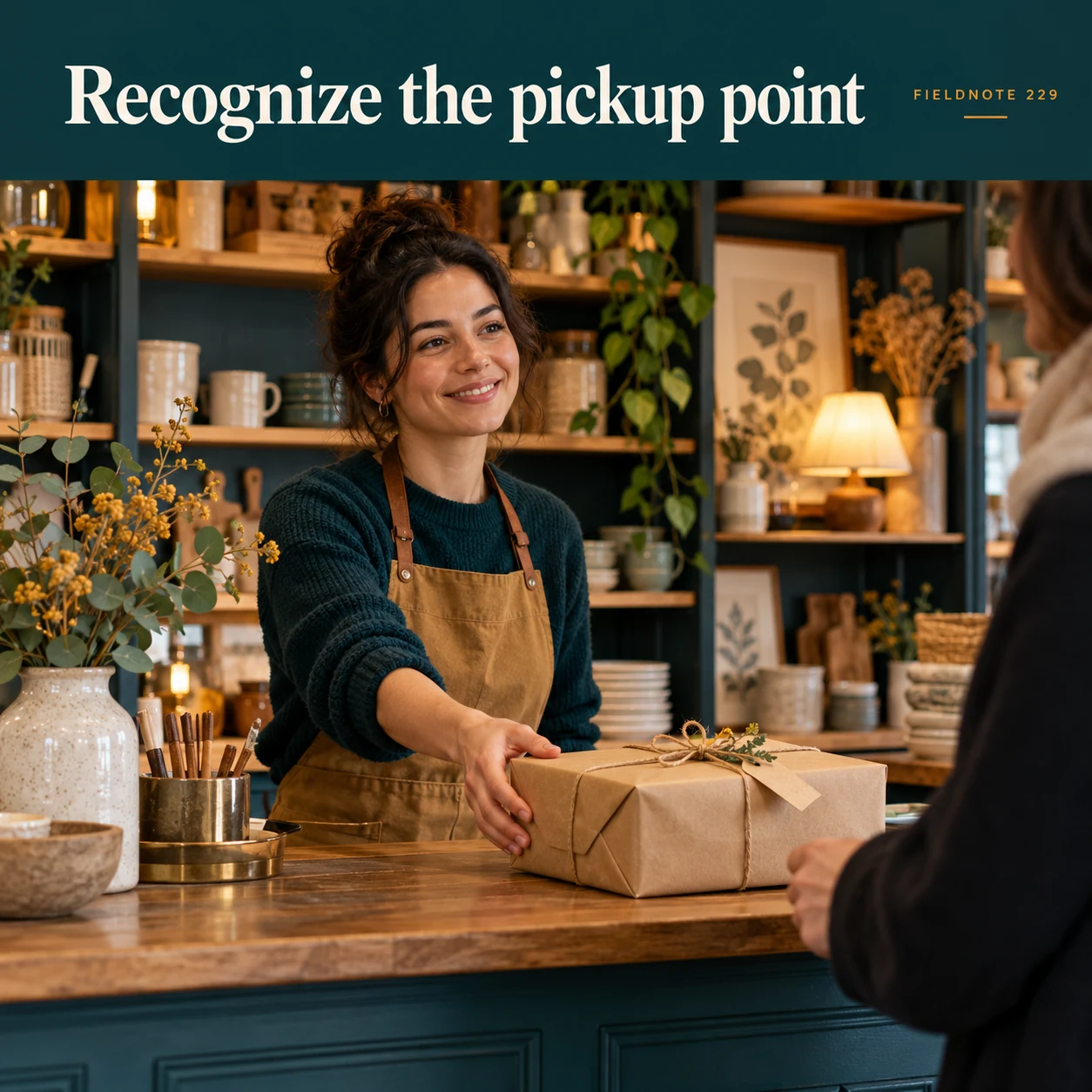 Illustrative campaign concept: distinct original shop counter with one wrapped parcel, with the headline “Recognize the pickup point” and fictional FIELDNOTE branding.