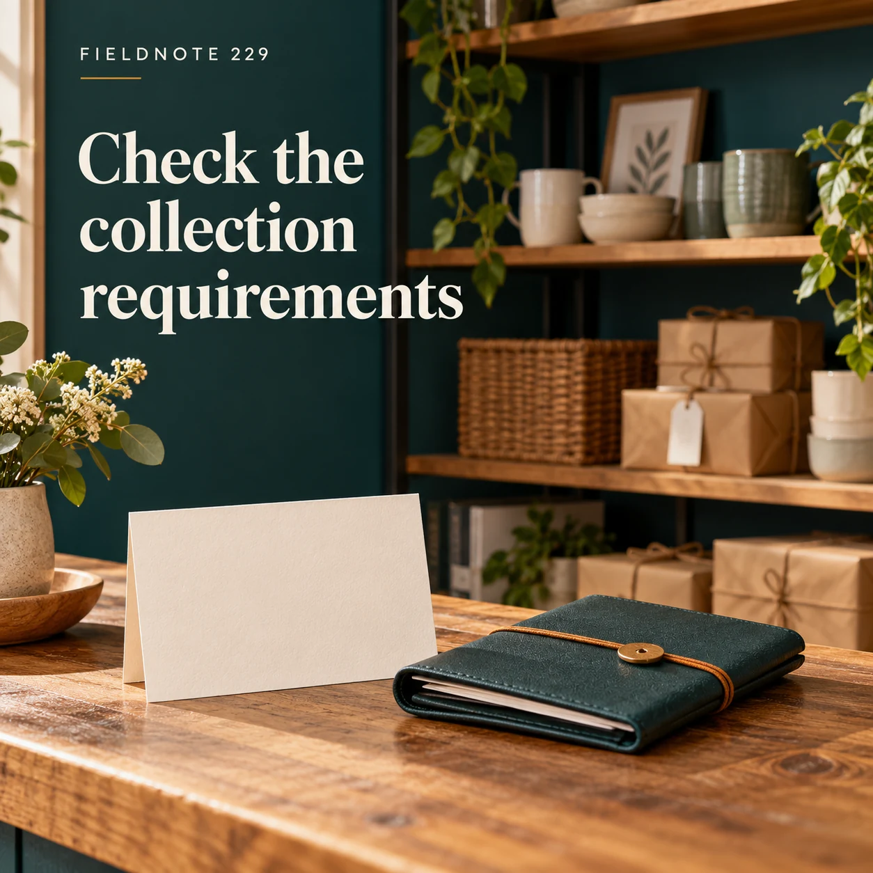 Illustrative campaign concept: plain collection card beside a closed order folio, with the headline “Check the collection requirements” and fictional FIELDNOTE branding.
