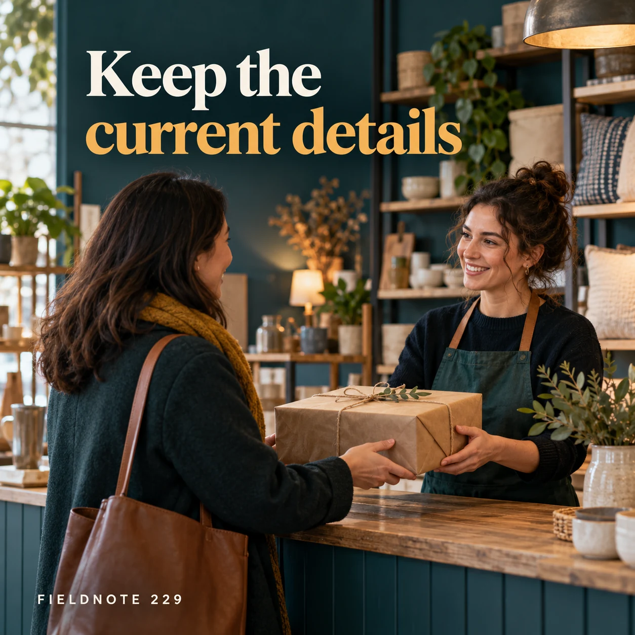 Illustrative campaign concept: adult customer speaking with staff at the collection counter, with the headline “Keep the current details” and fictional FIELDNOTE branding.