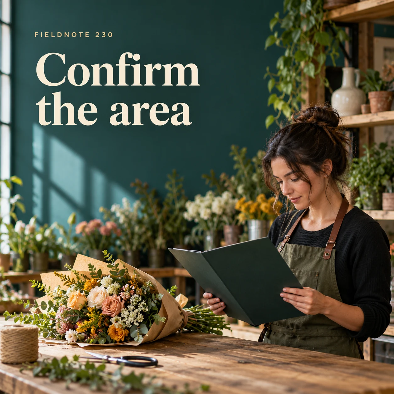 Illustrative campaign concept: adult florist reviewing a plain route folder beside a bouquet, with the headline “Confirm the area” and fictional FIELDNOTE branding.