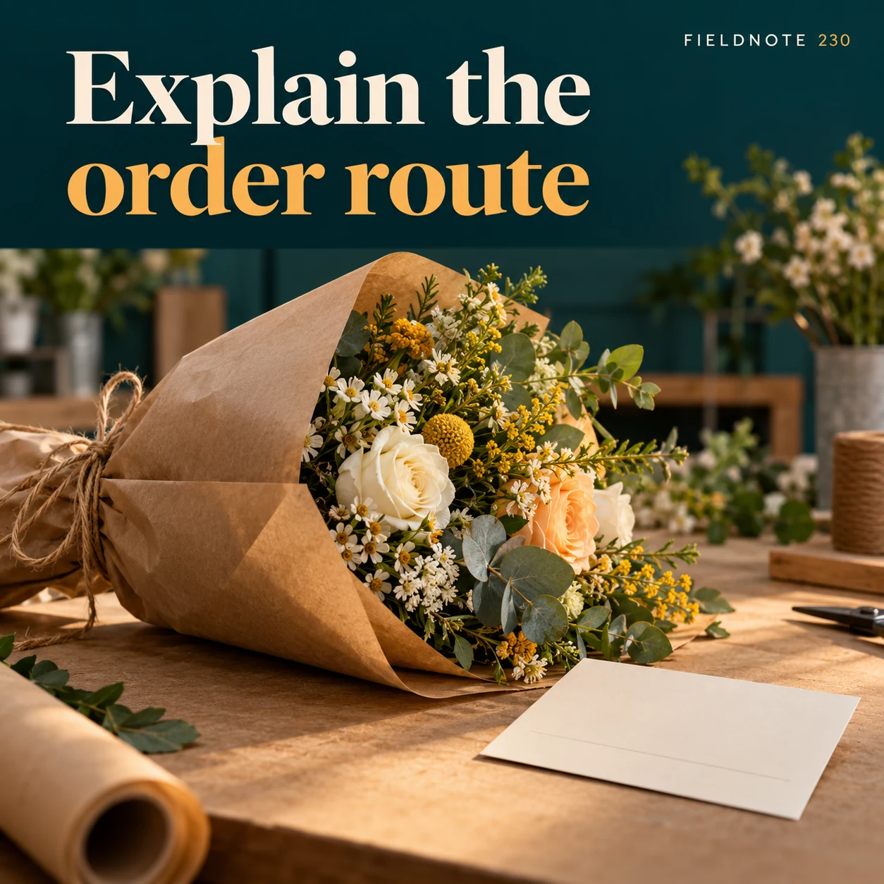 Illustrative campaign concept: wrapped bouquet beside a plain order information card, with the headline “Explain the order route” and fictional FIELDNOTE branding.