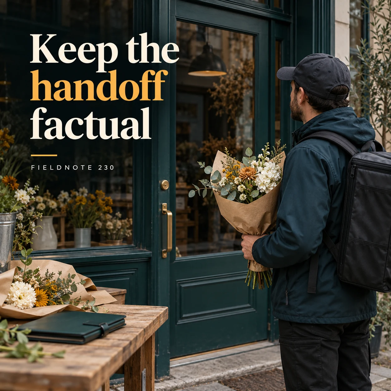 Illustrative campaign concept: adult courier holding a bouquet beside a closed shop door, with the headline “Keep the handoff factual” and fictional FIELDNOTE branding.