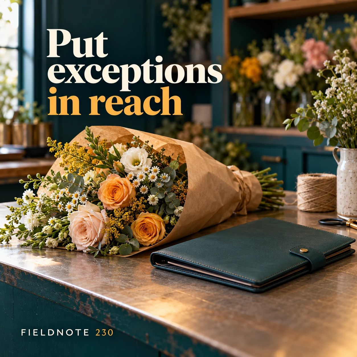 Illustrative campaign concept: bouquet and closed delivery-policy folio on a counter, with the headline “Put exceptions in reach” and fictional FIELDNOTE branding.