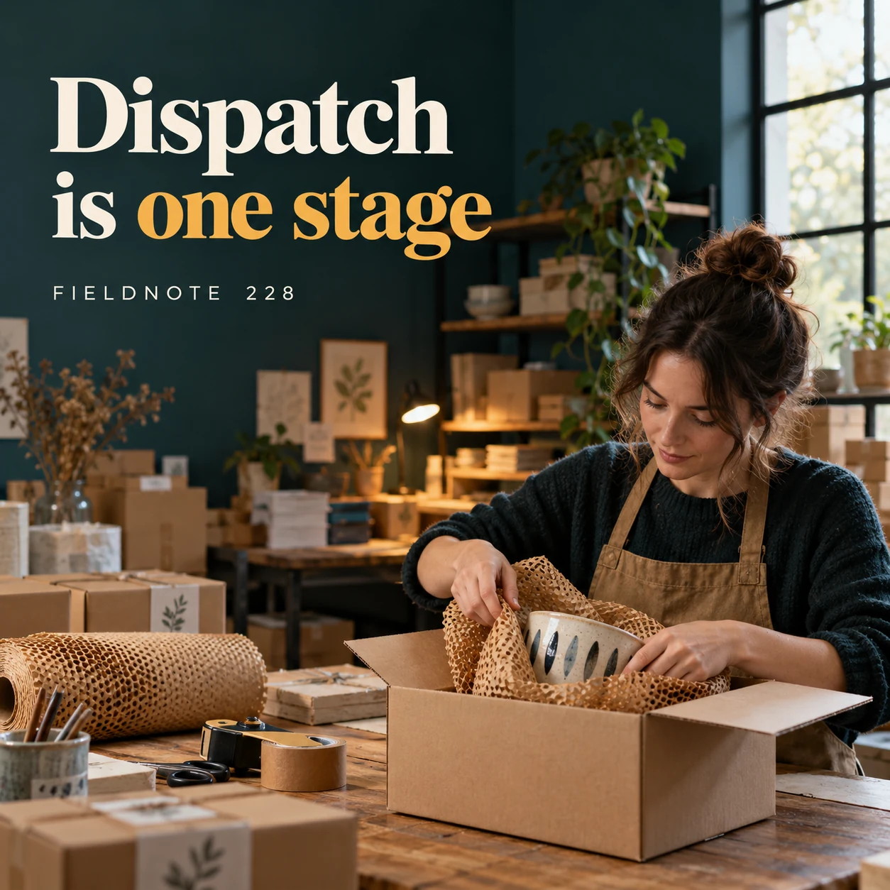 Illustrative campaign concept: adult packing an original ceramic item into a box, with the headline “Dispatch is one stage” and fictional FIELDNOTE branding.