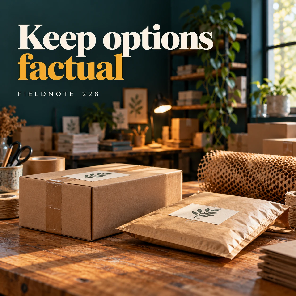 Illustrative campaign concept: two different sealed parcel formats on a dispatch table, with the headline “Keep options factual” and fictional FIELDNOTE branding.