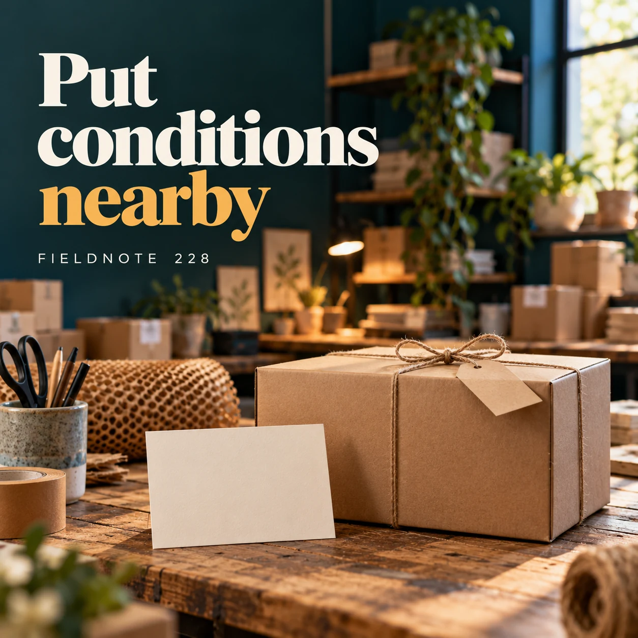 Illustrative campaign concept: plain shipping information card beside a closed parcel, with the headline “Put conditions nearby” and fictional FIELDNOTE branding.
