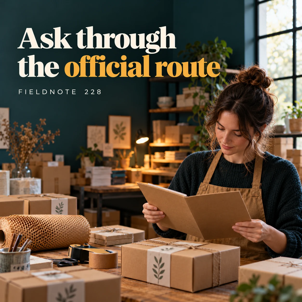 Illustrative campaign concept: adult staff member reviewing a closed order folder beside parcels, with the headline “Ask through the official route” and fictional FIELDNOTE branding.