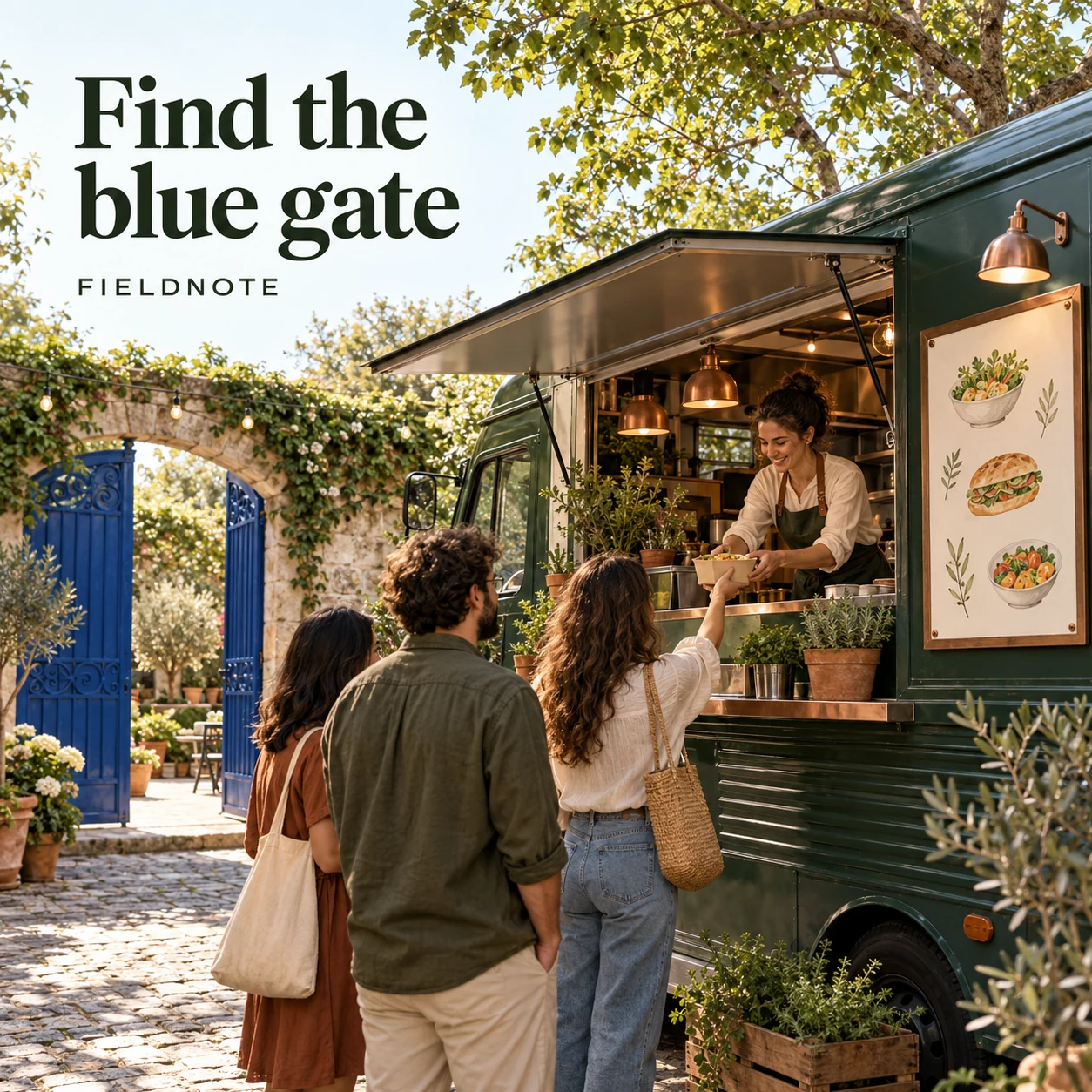 AI-generated fictional concept: forest-green fictional food truck beside a distinctive blue gate in an original courtyard; adult staff member at the serving window, small original illustrated menu panel with no dish names or prices.