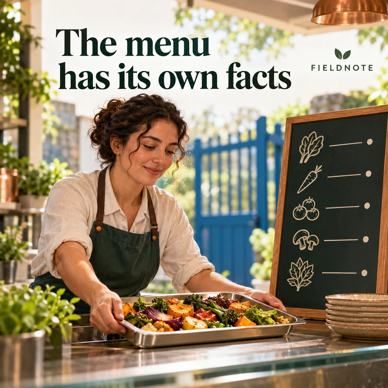 AI-generated fictional concept: adult fictional staff member placing one vegetable-filled tray on a serving counter beside a simple menu board with no readable food names or prices; blue gate visible softly in background.