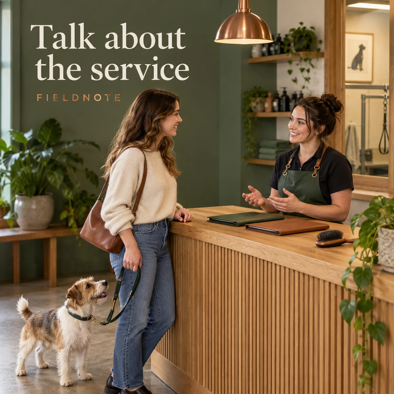AI-generated fictional concept: adult owner and adult groomer at an oak consultation counter with a small terrier standing beside its owner, two closed unlabeled service folders and a brush on the counter; no grooming procedure.